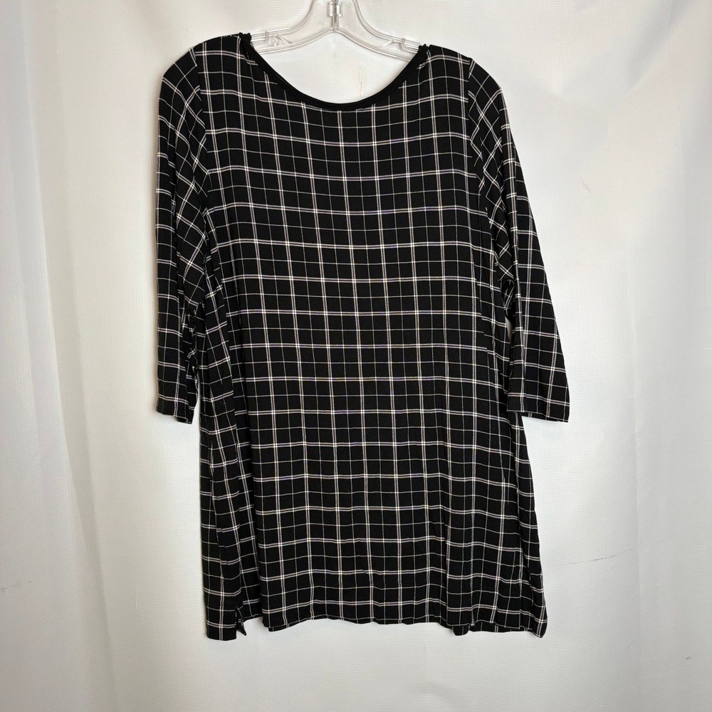 J. Jill Wearever Black‎ Grid Plaid 3/4 Sleeve Tunic Top Large Petite L P Comfort